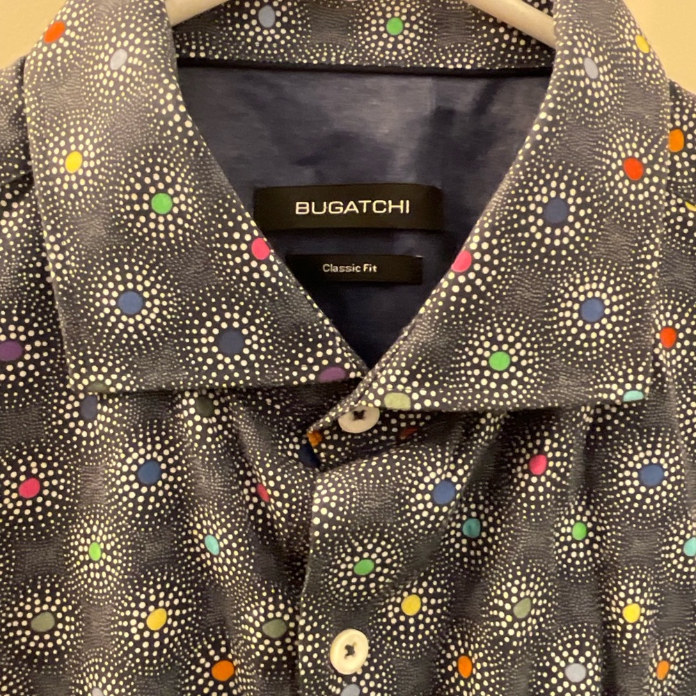 Bugatchi Men's Dress Shirt - Navy with Multicolor Dots